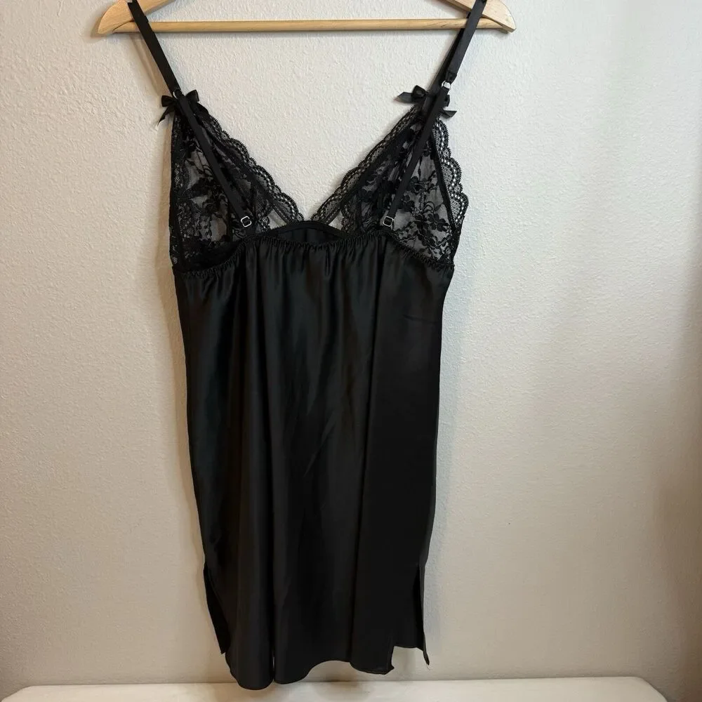 Victoria's Secret Satin WhimsyGoth‎ Slip Dress Size LG Slip Women Bow Lace Black